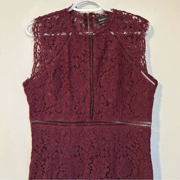 Bardot  Womens Burgundy Lace Zippered Mock Neck Floral Cocktail Sheath Dress 10 - Picture 4 of 12